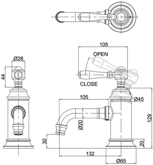 Technical image of Burlington Arcade Basin Mixer Tap With Lever Handle (Nickel & Black).