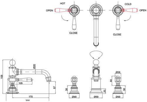 Technical image of Burlington Arcade 3 Hole Basin Mixer Tap With Lever Handles (Nickel & Black).