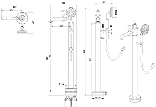 Technical image of Burlington Arcade Floor Standing BSM Tap, Lever Handle (Nickel & Black).