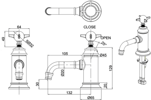 Technical image of Burlington Arcade Basin Mixer Tap With Crosshead Handle (Nickel).