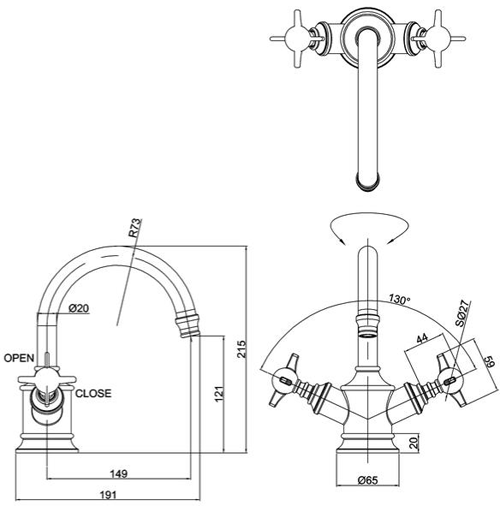 Technical image of Burlington Arcade Basin Mixer Tap With Crosshead Handles (Nickel).