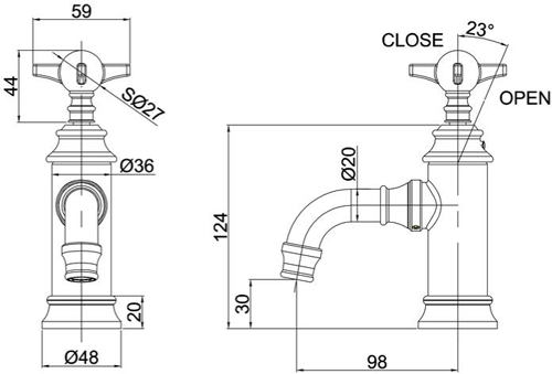 Technical image of Burlington Arcade Mini Basin Mixer Tap With Crosshead Handle (Nickel).