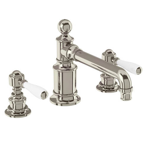Larger image of Burlington Arcade 3 Hole Basin Mixer Tap With Lever Handles (Nickel & White).
