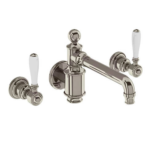 Larger image of Burlington Arcade Wall Basin Mixer Tap With Lever Handles (Nickel & White).