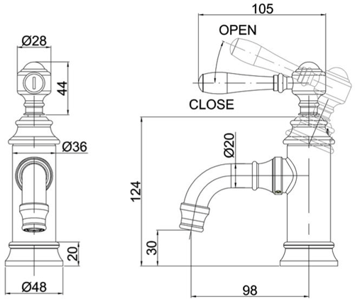 Technical image of Burlington Arcade Mini Basin Mixer Tap With Lever Handle (Nickel & White).