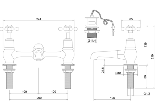 Technical image of Burlington Claremont 2 Hole Basin Mixer Tap With Waste (Chrome & Black).