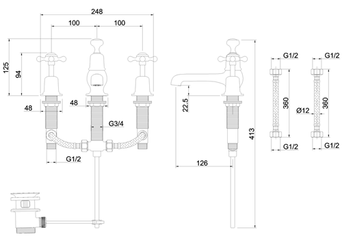 Technical image of Burlington Claremont 3 Hole Basin Tap With Pop Up Waste (Chrome & Black).