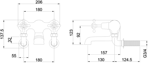 Technical image of Burlington Claremont Wall Mounted Bath Filler Tap (Chrome & Black).