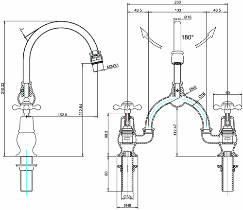 Technical image of Burlington Claremont 2 Hole Arch Basin Mixer Tap (Chrome & Black, 230mm).