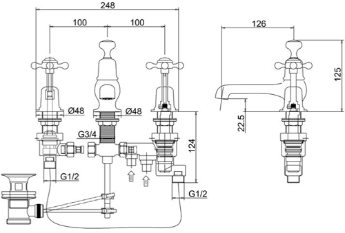 Technical image of Burlington Claremont 3 Hole Thermostatic Basin Tap (Chrome & Black).