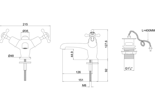 Technical image of Burlington Claremont Basin Tap With Plug & Chain Waste (Chrome & Black).