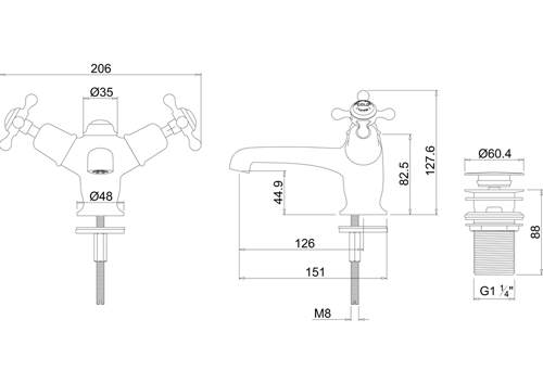 Technical image of Burlington Claremont Basin Tap With Click Clack Waste (Chrome & Black).