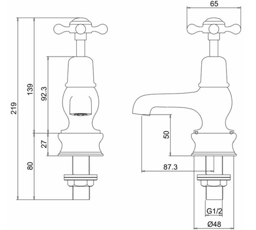 Technical image of Burlington Claremont Basin Taps 3" (QT, Chrome & Black).