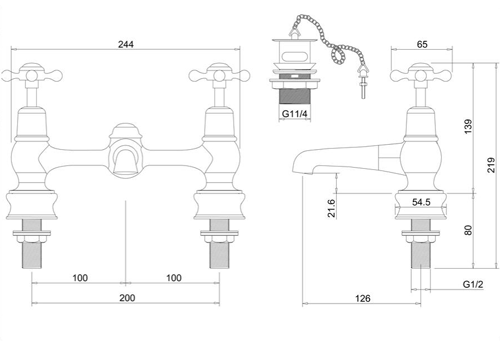 Technical image of Burlington Claremont 2 Hole Basin Mixer Tap With Waste (Chrome & Black).