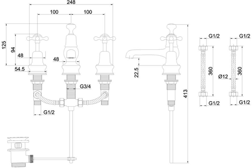 Technical image of Burlington Claremont 3 Hole Basin Tap With Pop Up Waste (Chrome & Black).