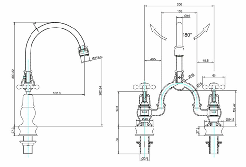 Technical image of Burlington Claremont 2 Hole Arch Basin Mixer Tap (Chrome & Black, 200mm).