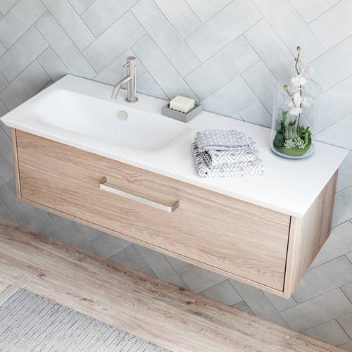 Larger image of Crosswater Arena Vanity Unit With Ceramic Basin (1000mm, Modern Oak, LH).