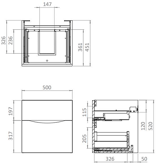 Technical image of Crosswater Glide II Vanity Unit With Marble Worktop (500mm, Nordic Oak).