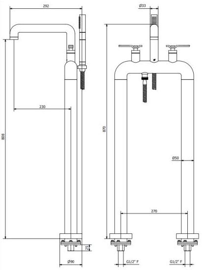 Technical image of Crosswater UNION Free Standing BSM Tap With Lever Handles (B Brass).