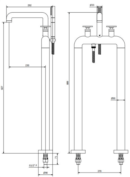 Technical image of Crosswater UNION Free Standing BSM Tap With Wheel Handles (B Brass).