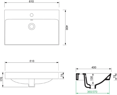 Technical image of Crosswater Zion Vanity Unit With Ceramic Basin (600mm, Storm Grey, 1TH).