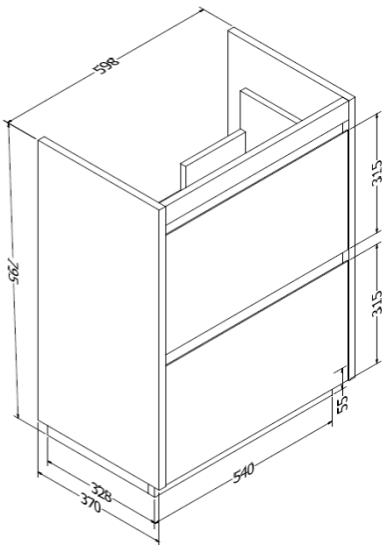 Technical image of Crosswater Zion Vanity Unit With Ceramic Basin (600mm, Windsor Oak, 1TH)