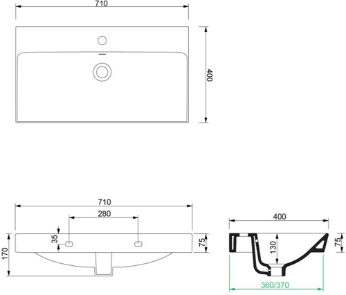 Technical image of Crosswater Zion Vanity Unit With Ceramic Basin (700mm, Windsor Oak, 1TH)