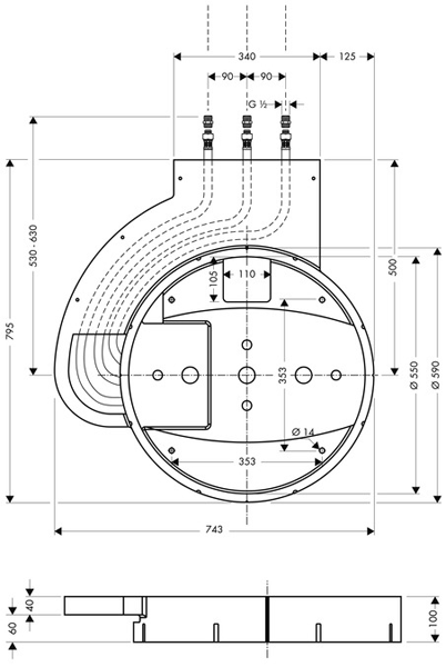 Technical image of Hansgrohe Raindance Rainmaker 3 Jet Shower Head With Lights (600mm).