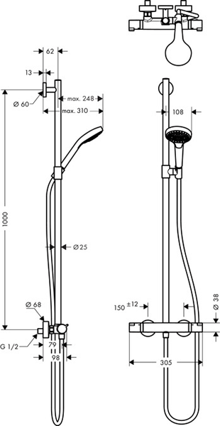 Technical image of Hansgrohe Croma Select S Eco Semipipe Shower Pack (White & Chrome).