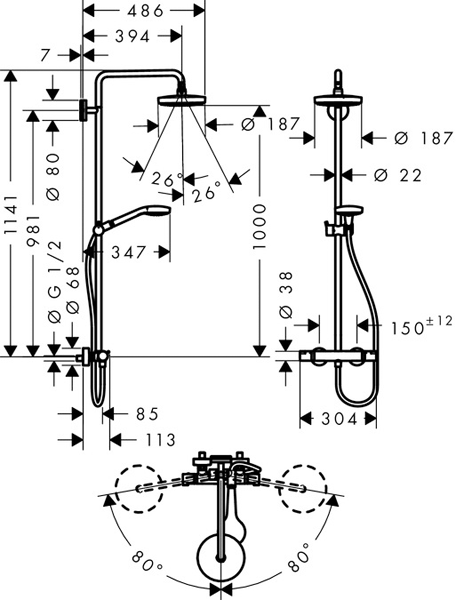 Technical image of Hansgrohe Croma Select S 180 2 Jet Showerpipe Pack With EcoSmart.