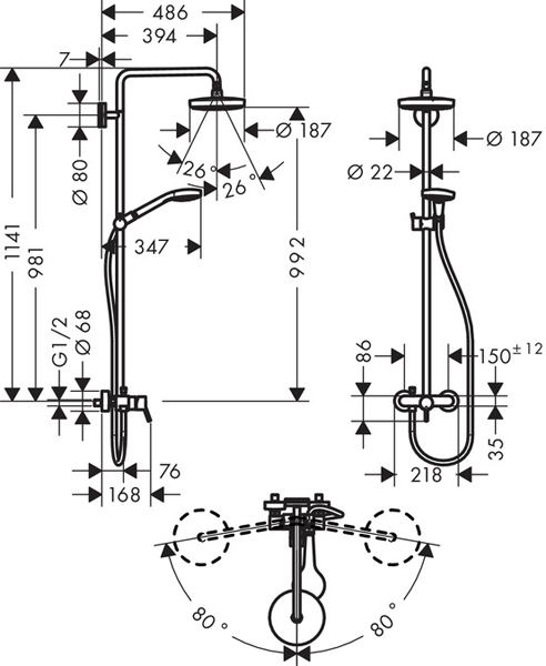 Technical image of Hansgrohe Croma Select S 180 2 Jet Manual Shower Pack (White & Chrome).