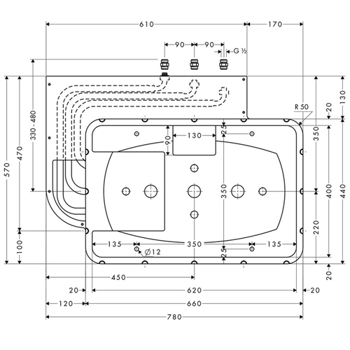 Technical image of Hansgrohe Raindance Rainmaker 3 Jet Shower Head & LEDs (680x460mm).