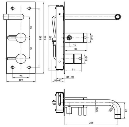 Technical image of JTP Inox Wall Mounted Basin & Bath Shower Mixer Tap Pack (Stainless Steel).