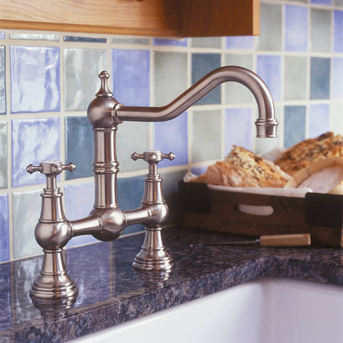 Larger image of Perrin & Rowe Provence Bridge Kitchen Tap With X-Head Handles (Pewter).