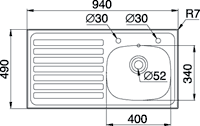 Technical image of Pyramis Kitchen Sink & Waste. 940x490mm (Left Hand, 2 Tap Hole).