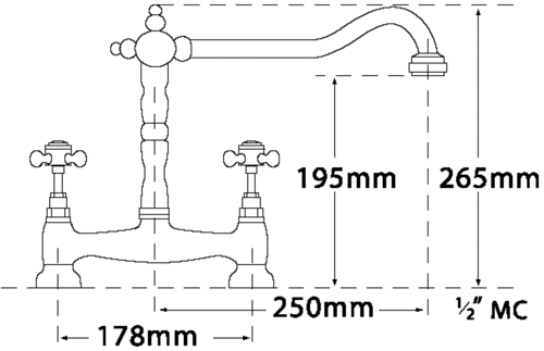 Technical image of Tre Mercati Kitchen French Classic Bridge Mixer Tap (Polished Brass).
