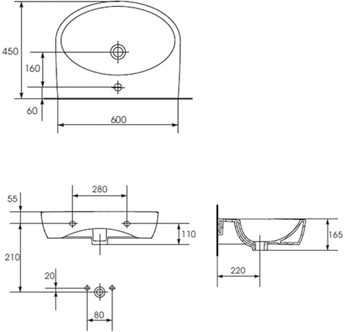 Technical image of Premier Cairo Bathroom Suite With Toilet, 600mm Basin & Semi Ped (1TH).